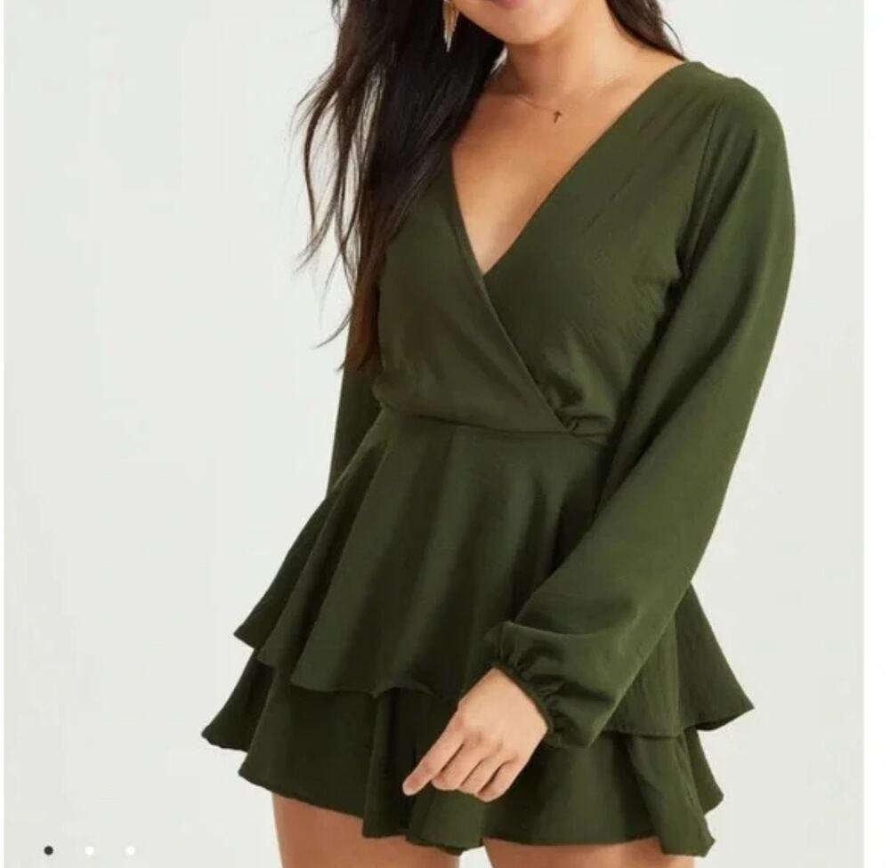 Altar’d State Small Romper Long Sleeve Lined Surplice V-Neck Tie Waist Ruffled